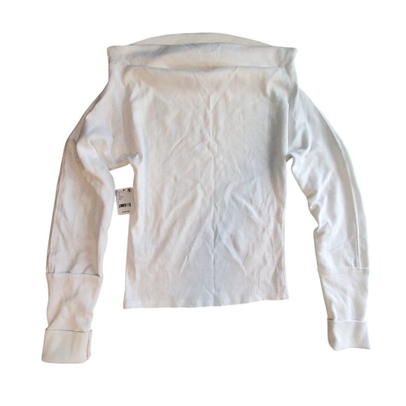 Free People Ivory Ribbed Long-Sleeve Top With Folded Cuffs & High Neckline SizeL - Picture 2 of 13